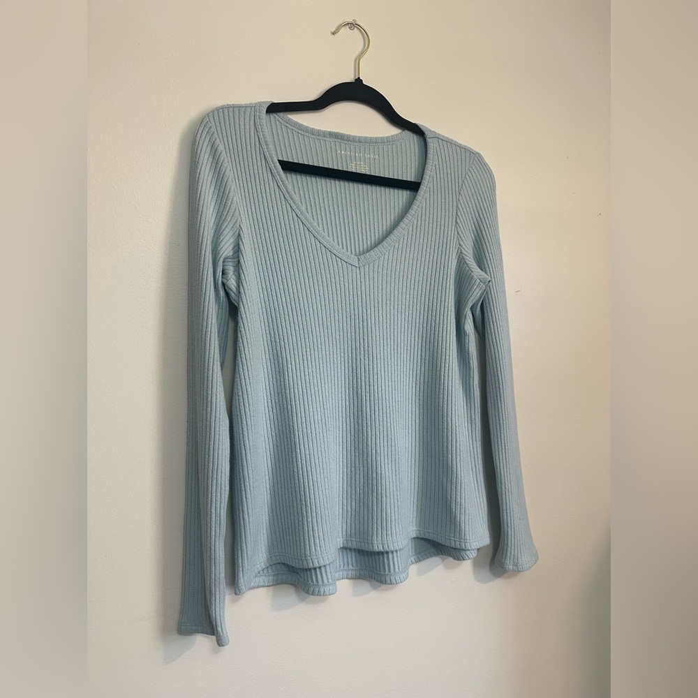 American Eagle Outfitters Light Blue Ribbed Long Sleeve Top